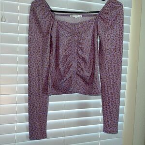 Purple with beige flowers, long sleeve square neck shirt